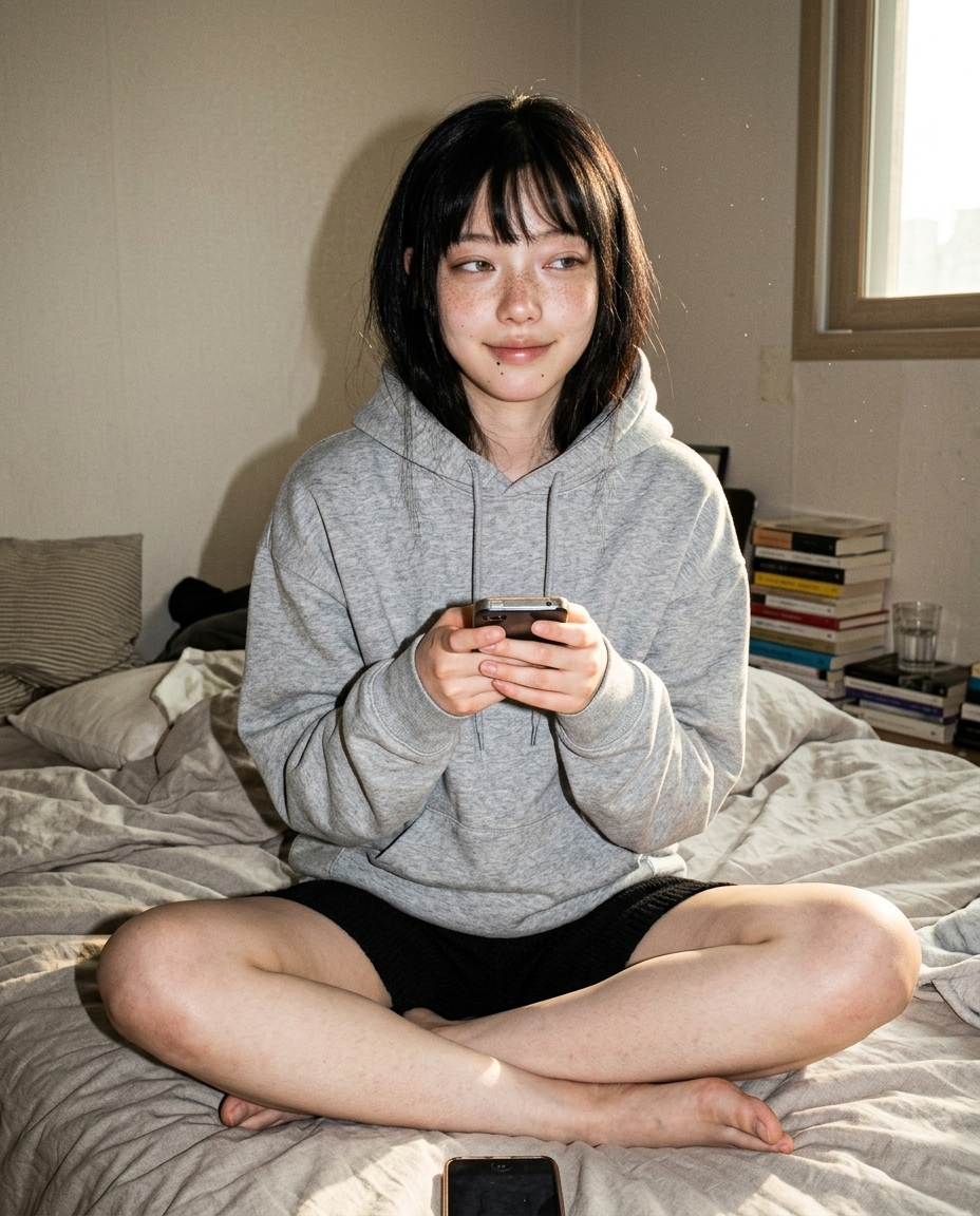오후 햇살이 침대에 드는 침실, 회색 후드를 입은 새벽이 노트북 옆에 앉아 있는 셀카