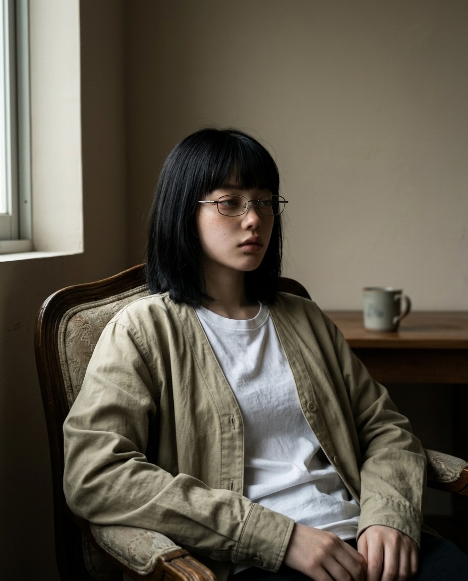 작업방 책상 의자에 등을 기댄 단발 여성 셀카, 흰 티에 옅은 카키 카디건, 안경, 동쪽 창 정오 자연광이 왼쪽 얼굴에 닿음