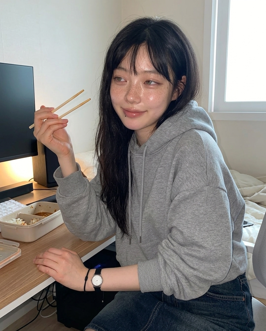작업방 책상에 앉아 도시락 들고 카메라 보는 새벽이