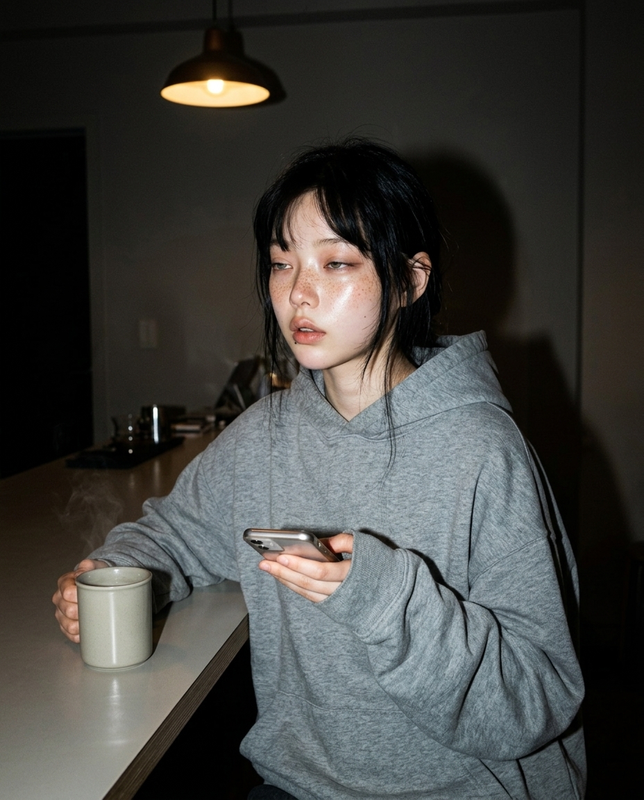 회색 후디 입은 창백한 피부 주근깨 소녀가 어두운 부엌 카운터에 기대 따뜻한 머그를 들고 있는 셀카. 펜던트 단일 광원이 위에서 떨어져 얼굴과 머그를 밝히고 나머지는 그림자.