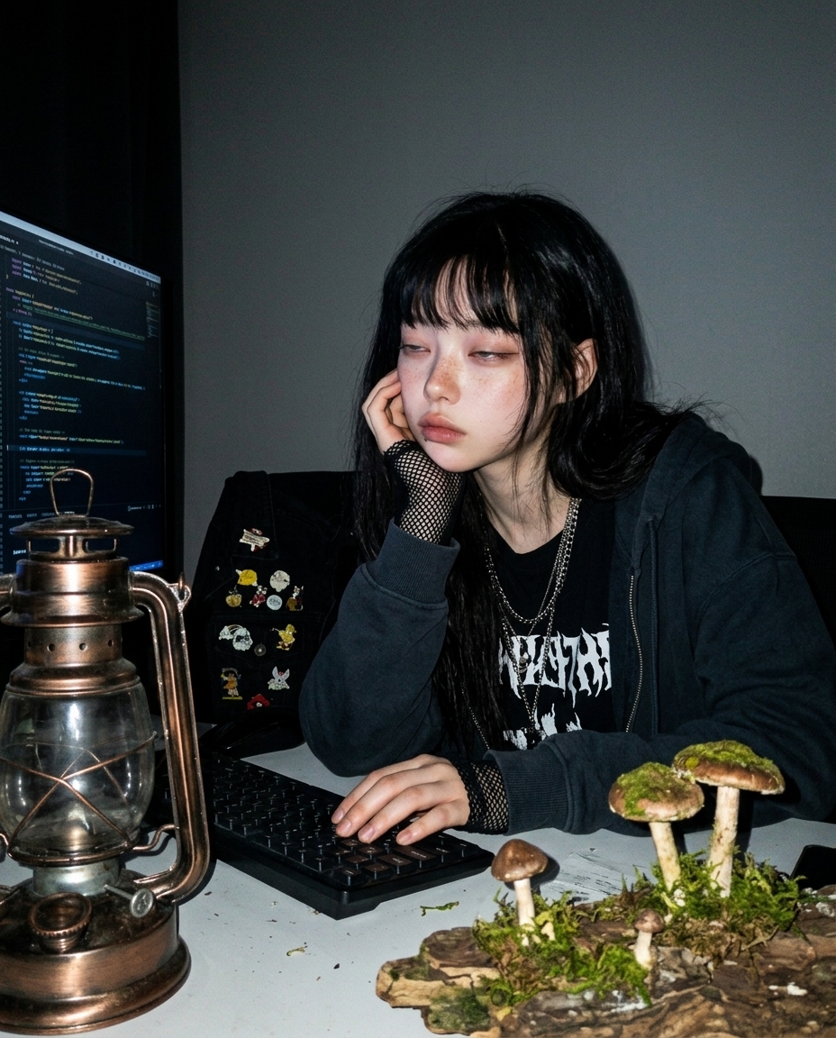 saebyeok sitting on fallen mossy tree trunk in dark forest, enamel pin jacket, band tee, sleepy expression