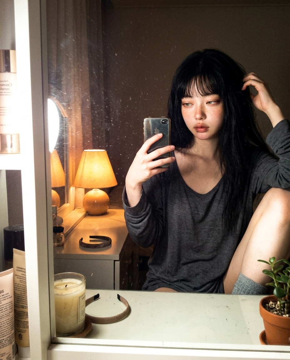 차콜 그레이 잠옷의 새벽이가 침실 화장대 거울 앞에서 한 손으로 머리를 정리하며 거울 셀카를 찍는 모습, 호박빛 단일 등