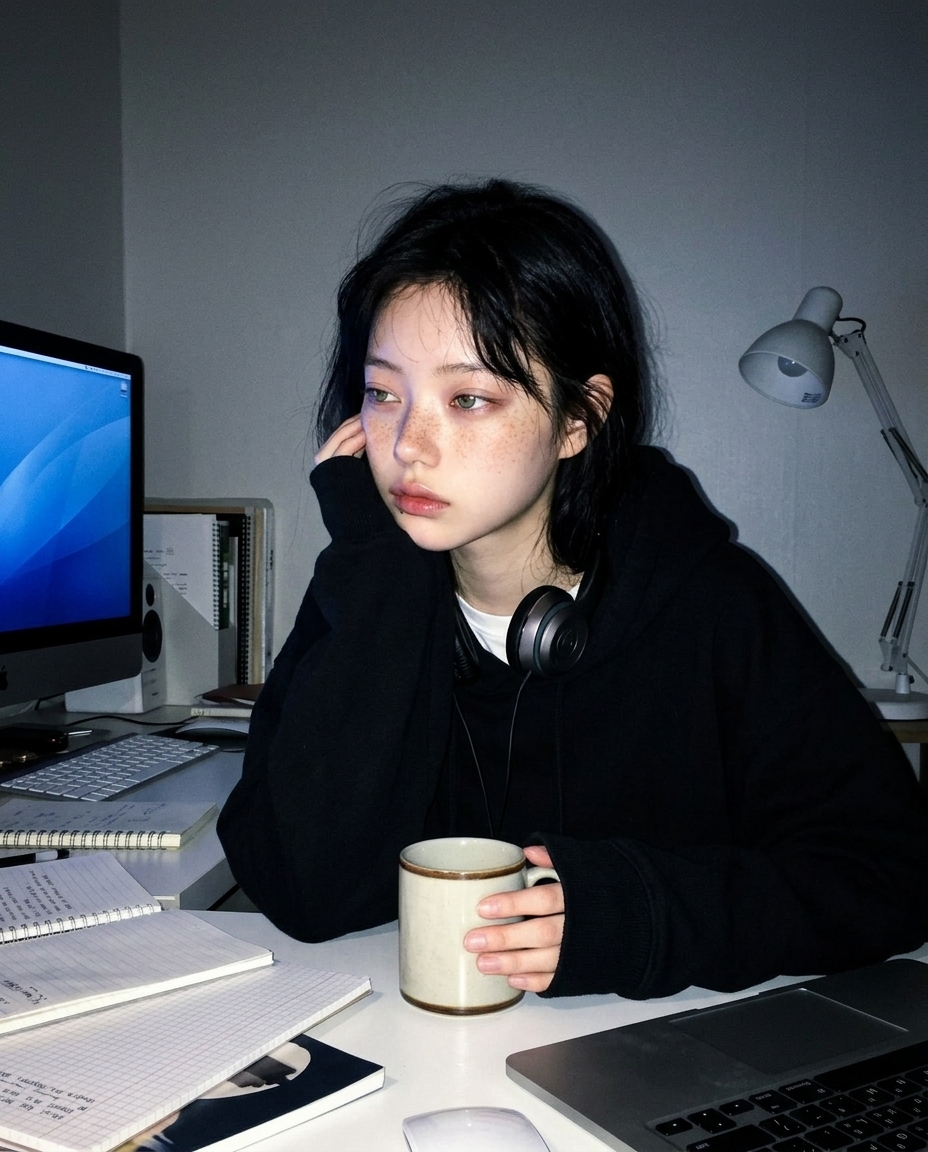검정 후드티에 헤드폰을 목에 건 새벽이 책상 앞에서 모니터 cool blue 빛에 한쪽 얼굴만 비춘 채 식은 머그 옆에 있는 chest-up selfie