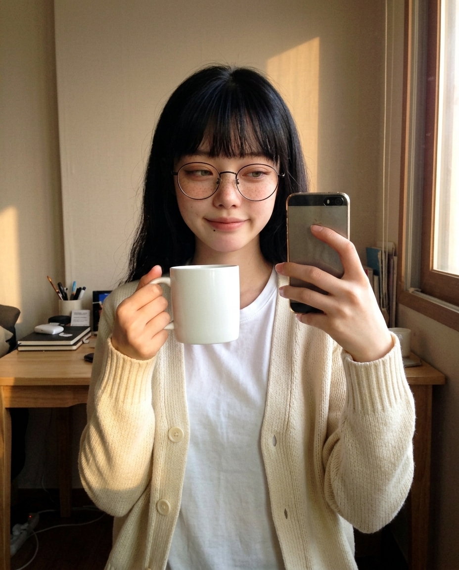 saebyeok in working room at desk, late afternoon west-window sidelight, white mug close to chest, cream cardigan, shoulders-up selfie