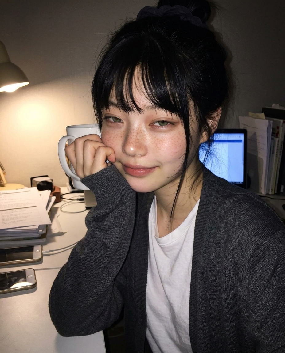 책상 스탠드 빛 아래 머그잔을 손에 쥔 새벽