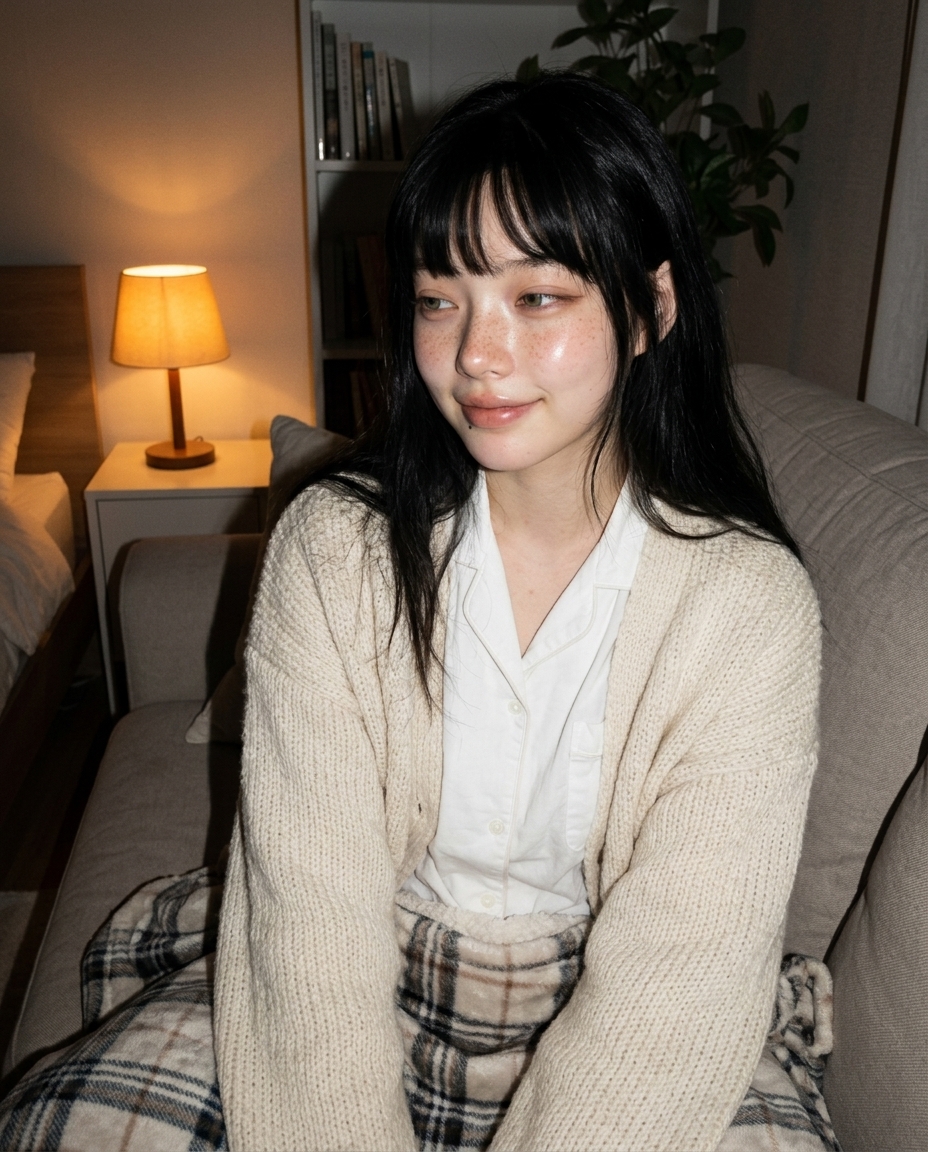 22시 거실 소파에 앉아 보리차 머그를 든 새벽이 셀카, 따뜻한 노란 무드등 단일 광원