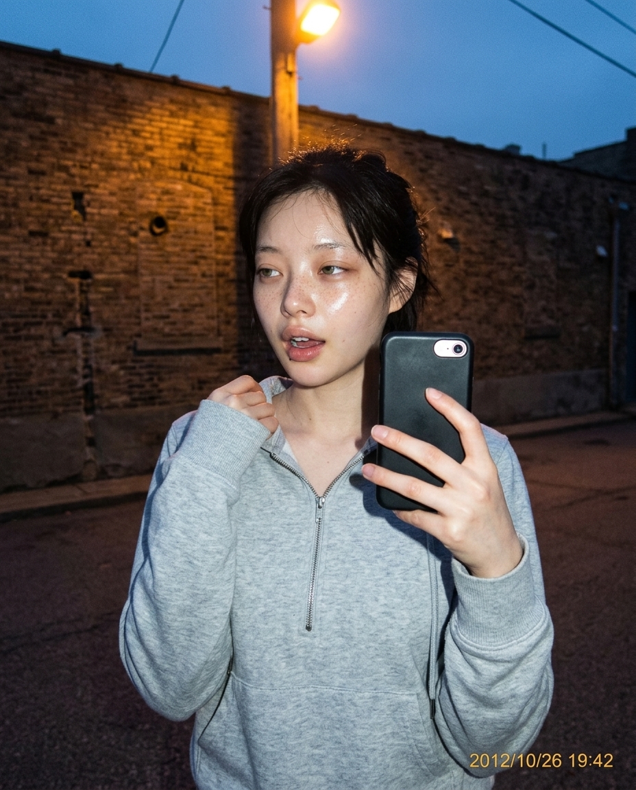 saebyeok in light gray hoodie phone held mid-chest at dusk neighborhood alley with single warm streetlamp just turned on