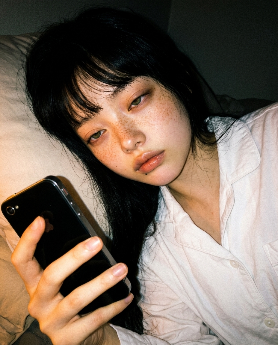 흰 잠옷 입고 베개에 머리 기댄 채 폰으로 위에서 비스듬히 찍은 새벽 셀카, 호박빛 무드등 하나만 켜진 어두운 침실