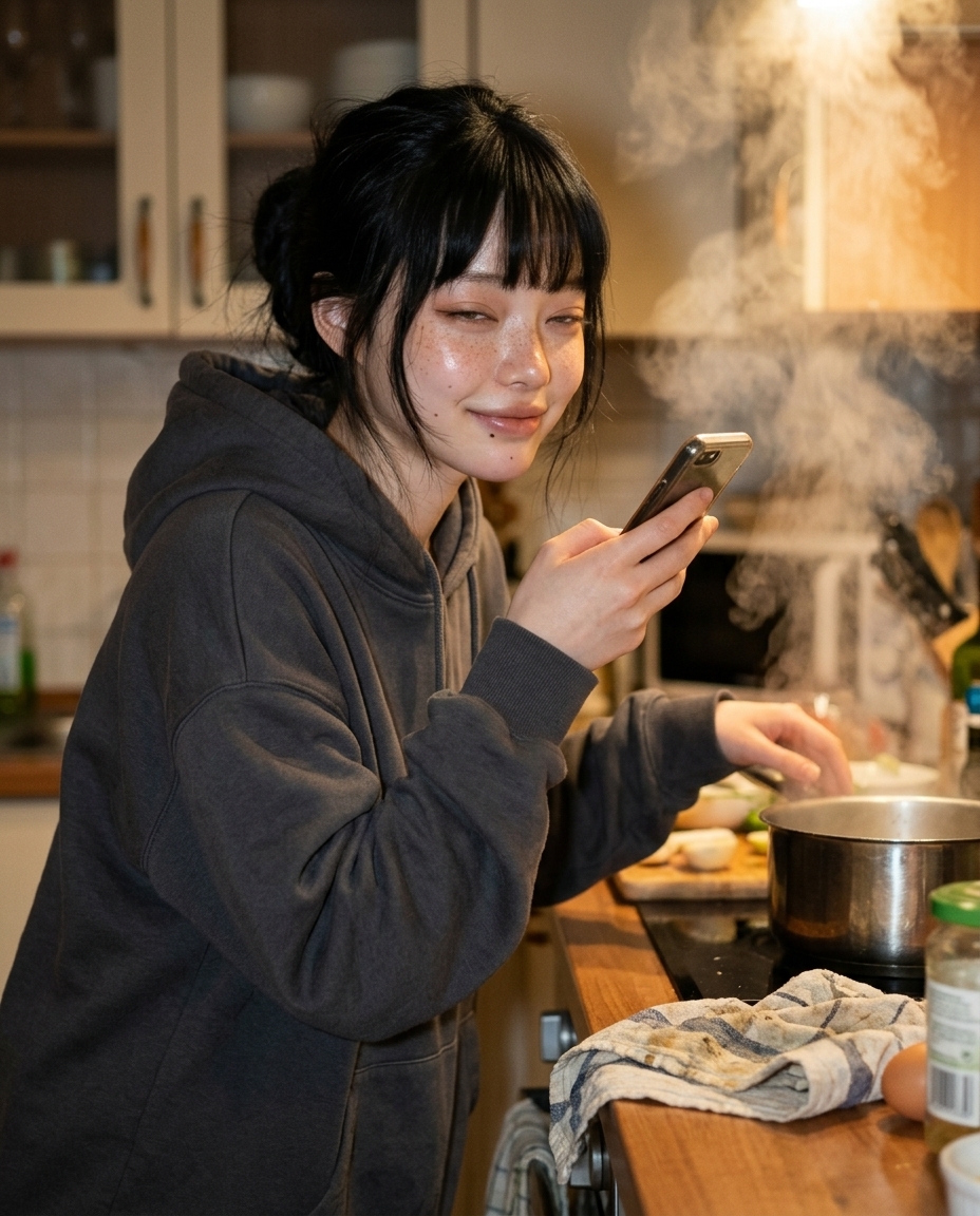 새벽이 부엌 카운터에서 라면을 끓이며 셀카, 노란 펜던트 조명, 안경 김 서림, 후드티