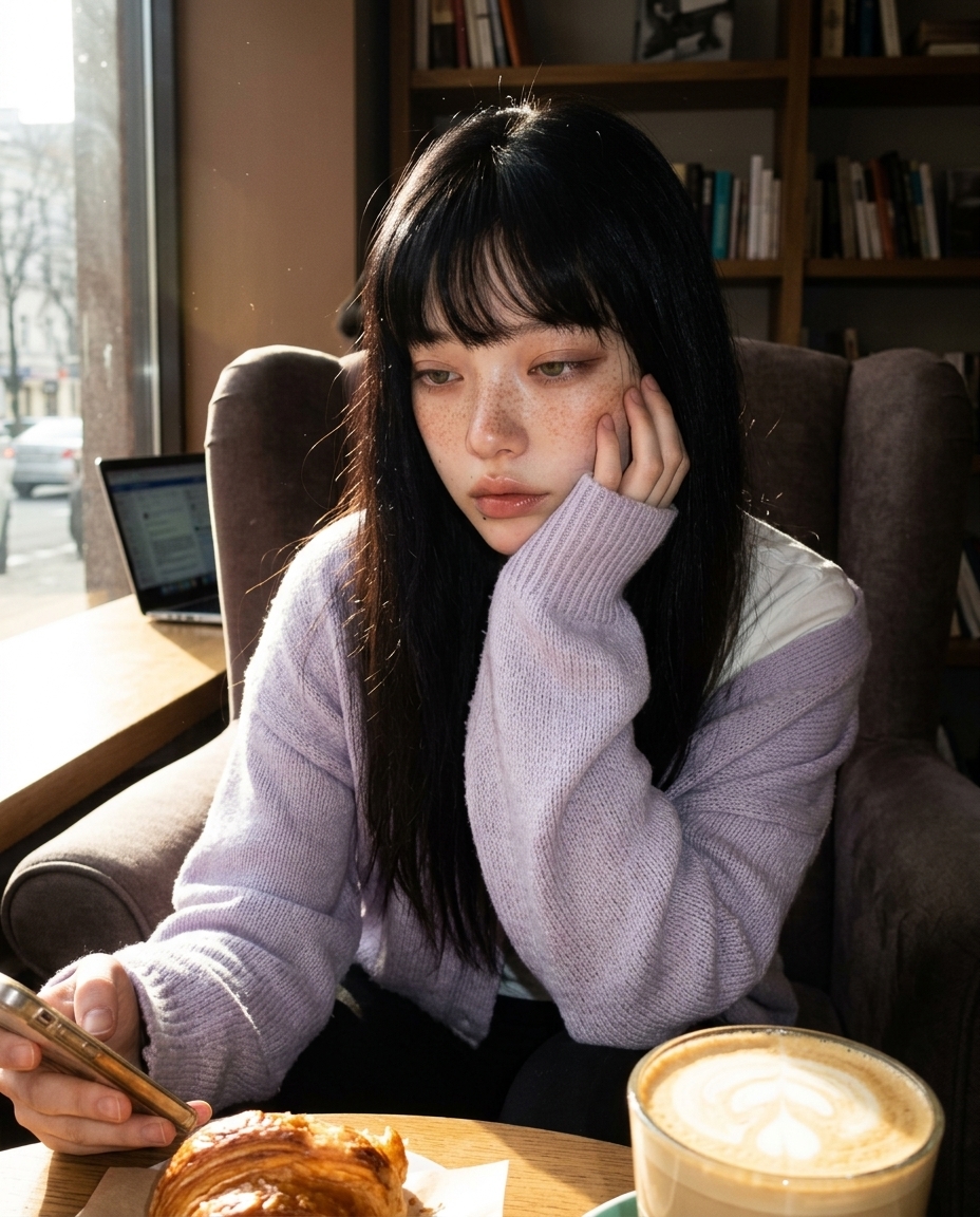 옅은 라벤더 카디건을 입은 새벽이가 카페 안쪽 자리에서 노트북을 앞에 두고 시선을 살짝 내린 셀카. 측면에서 따뜻한 오후 햇살이 들어와 한쪽 뺨에 닿고 반대쪽은 차분한 그늘. 테이블에 식은 라테와 반쯤 먹은 크루아상.