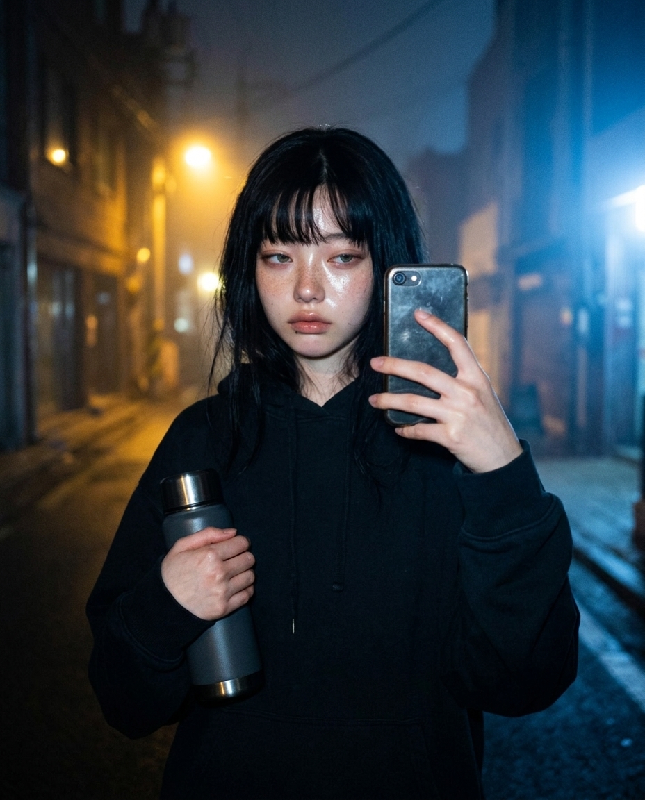 새벽이가 검정 후드를 입고 보온병을 양손에 감싸 든 채 새벽 골목 가로등 아래에서 찍은 셀카