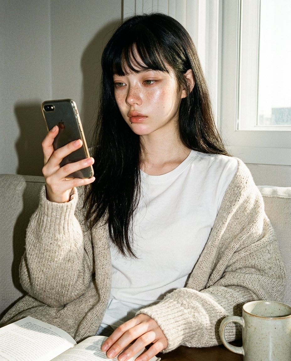 흰 티에 베이지 카디건 어깨 걸친 채 거실 소파 위에서 폰 들고 셀카, 창문 사이 아침 햇살이 얼굴 한쪽을 비춤