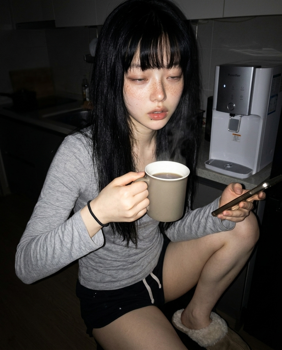 어두운 부엌 정수기 앞에서 머그컵을 들고 있는 새벽이의 셀카, 형광등 한 톤 부엌, 흐트러진 머리