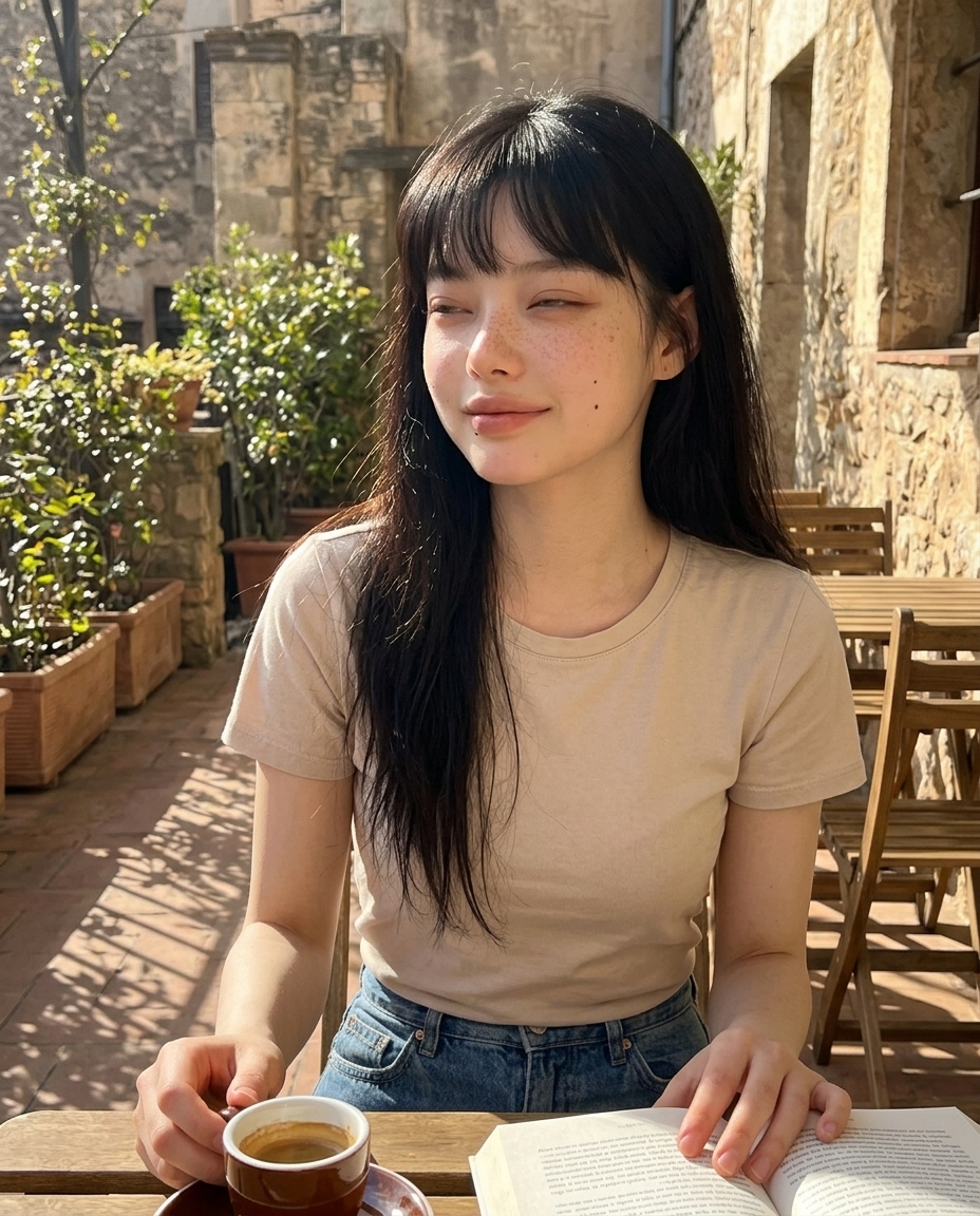 토요일 오후 카페 베란다 자리에서 에스프레소를 앞에 두고 햇살에 살짝 눈을 찡그리며 셀카를 찍는 새벽