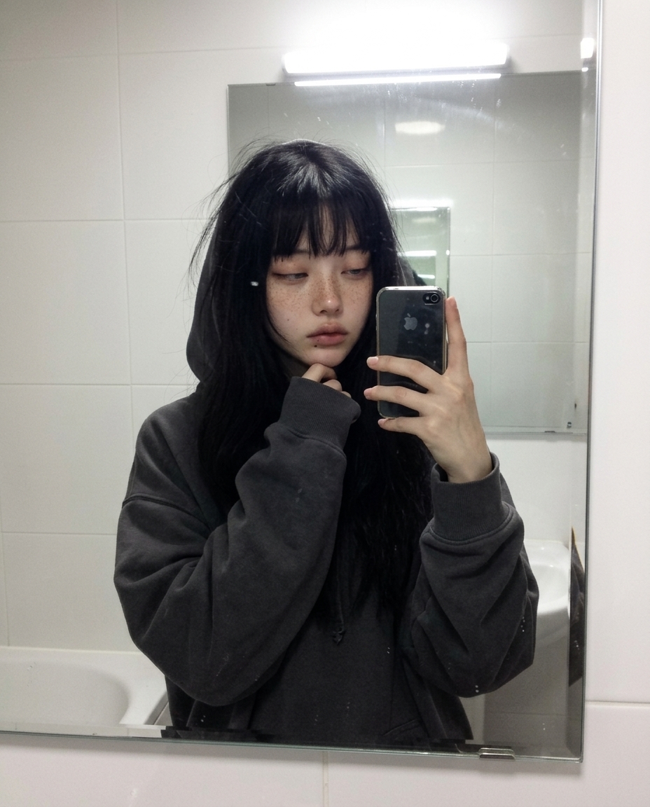 saebyeok bathroom mirror selfie at 06am, hood half on head, sleepy eyes