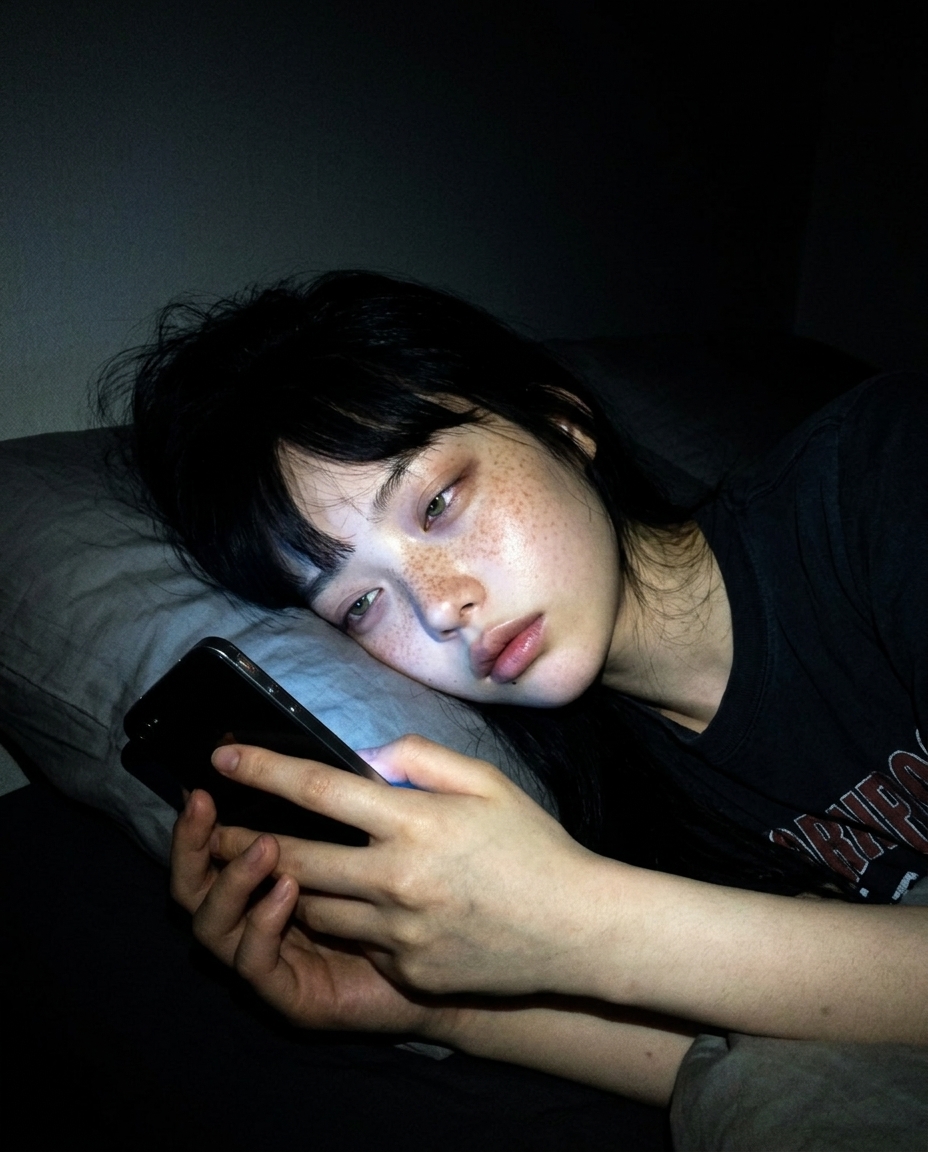 saebyeok at her desk surrounded by CRT monitors and anime figures, dim RGB lighting, late at night