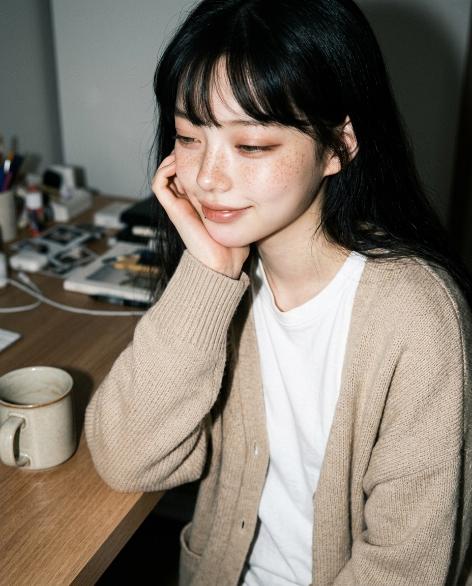 책상 모서리에 앉아 한 손으로 턱을 괴고 옆을 바라보는 새벽. 베이지 카디건과 하얀 티, 옆에는 김 오르는 머그.