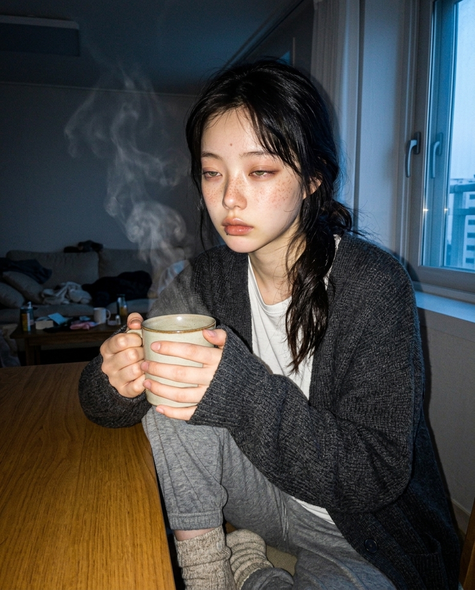 원목 식탁 한쪽 끝에 앉아 김 오르는 머그를 두 손으로 감싼 인물. 창밖은 푸르스름한 새벽빛. 차콜 가디건에 회색 라운지 팬츠.