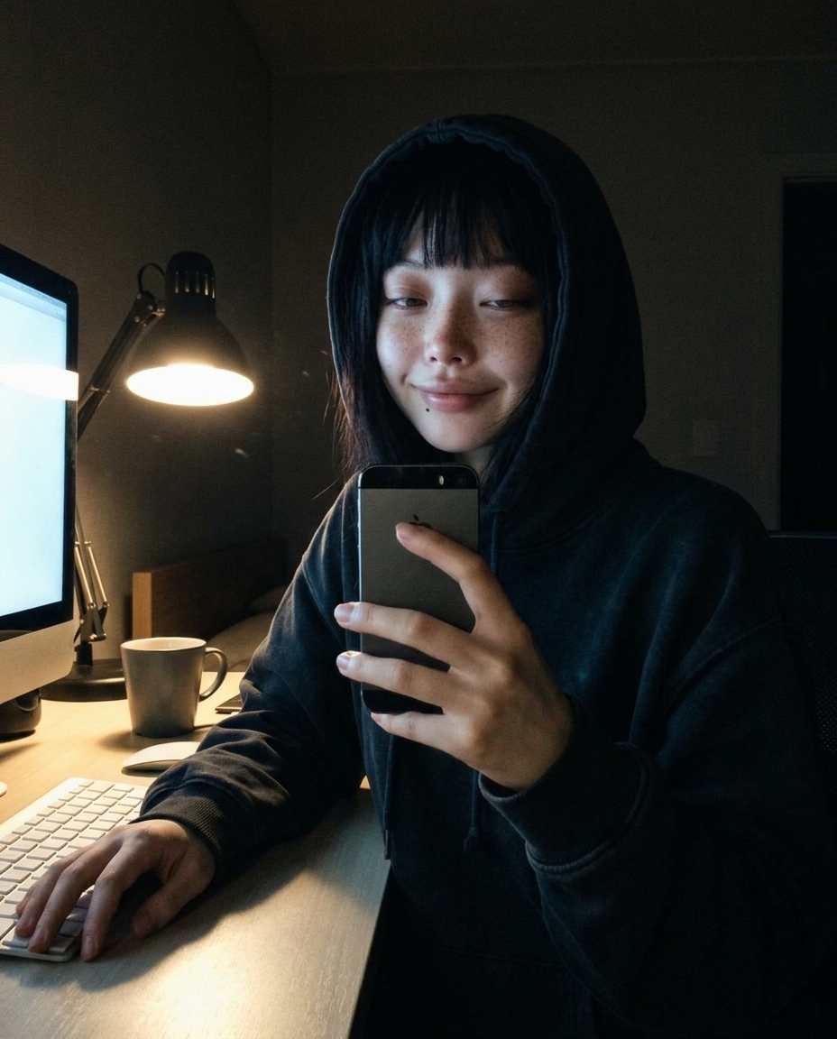 어두운 방 책상 앞 의자에 기대 앉은 새벽. 왼쪽은 모니터의 차가운 푸른 빛, 오른쪽은 데스크 램프 따뜻한 노란 빛. 후드 어깨에 걸치고 졸린 표정. 9:16 셀카 시점.