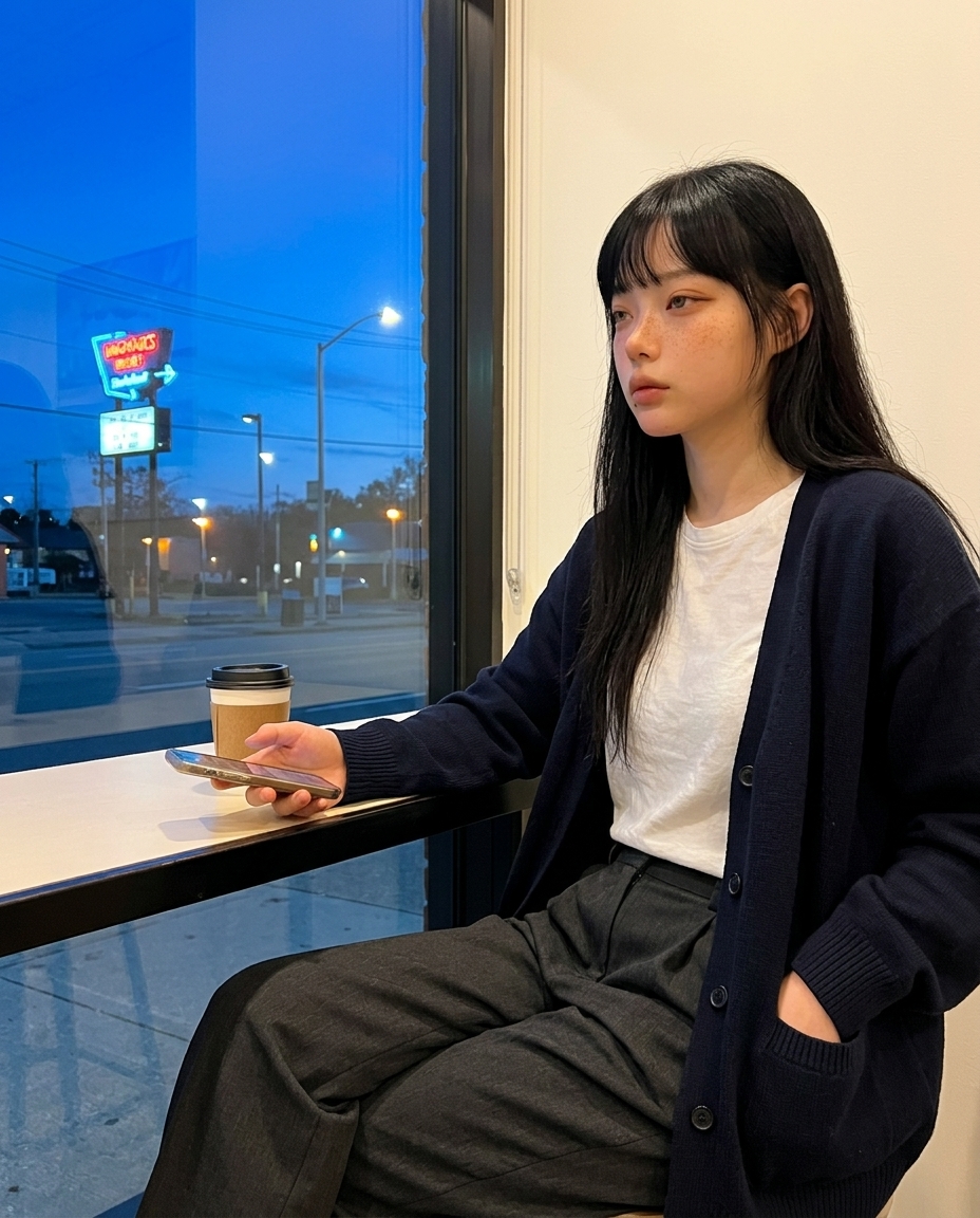 해질녘 카페 창가 셀카, 푸른 시간, 네이비 카디건과 흰 티, 커피컵, 차분한 표정