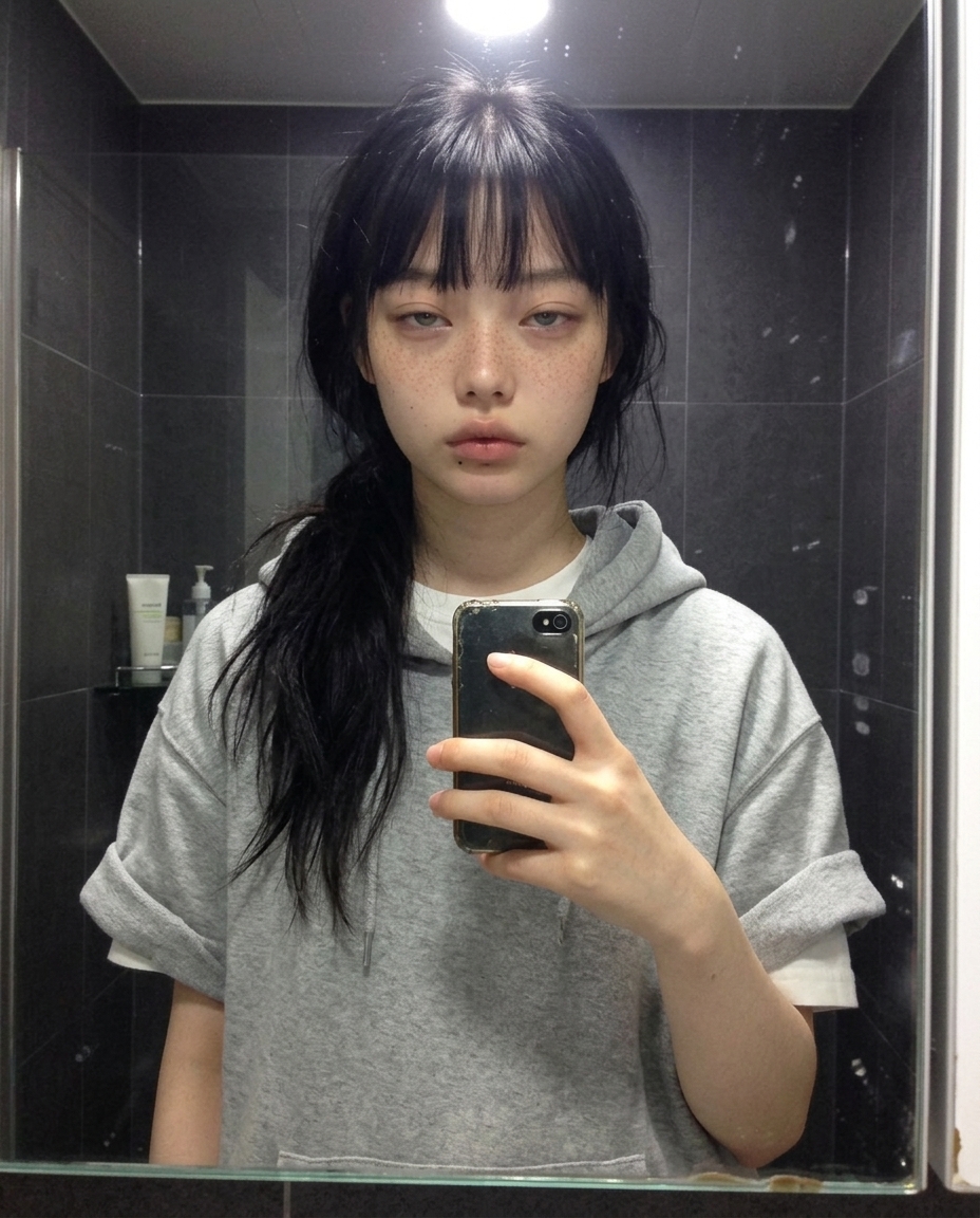 욕실 거울 앞 mirror selfie. 차콜 그레이 후디에 흰 티, 풀린 곱슬 어깨 위. 천장 LED 하나만 떨어지는 차분한 톱 라이트. 거울 가장자리 김 서림.