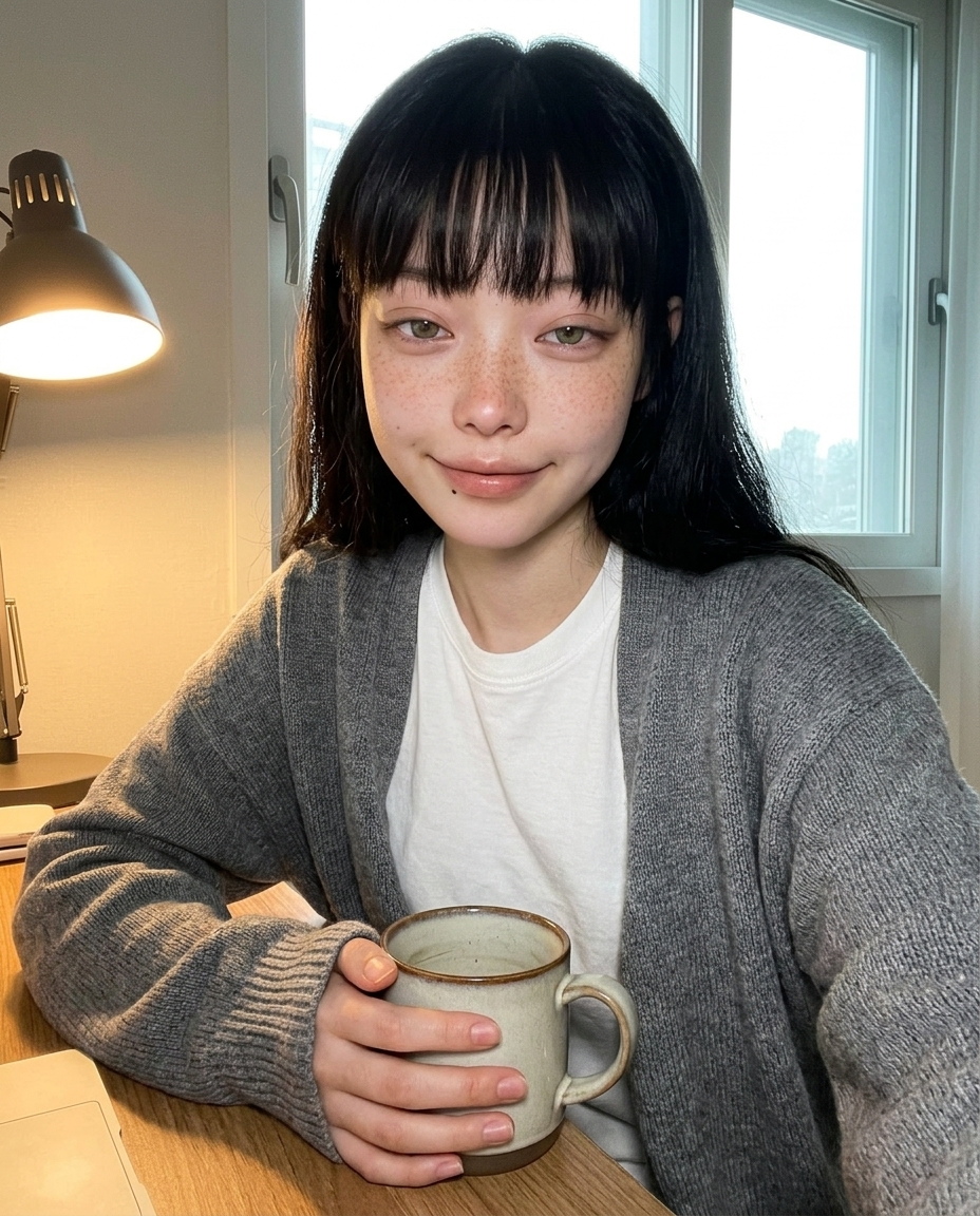 회색 카디건 입은 새벽이가 책상에서 베이지 머그를 든 셀카