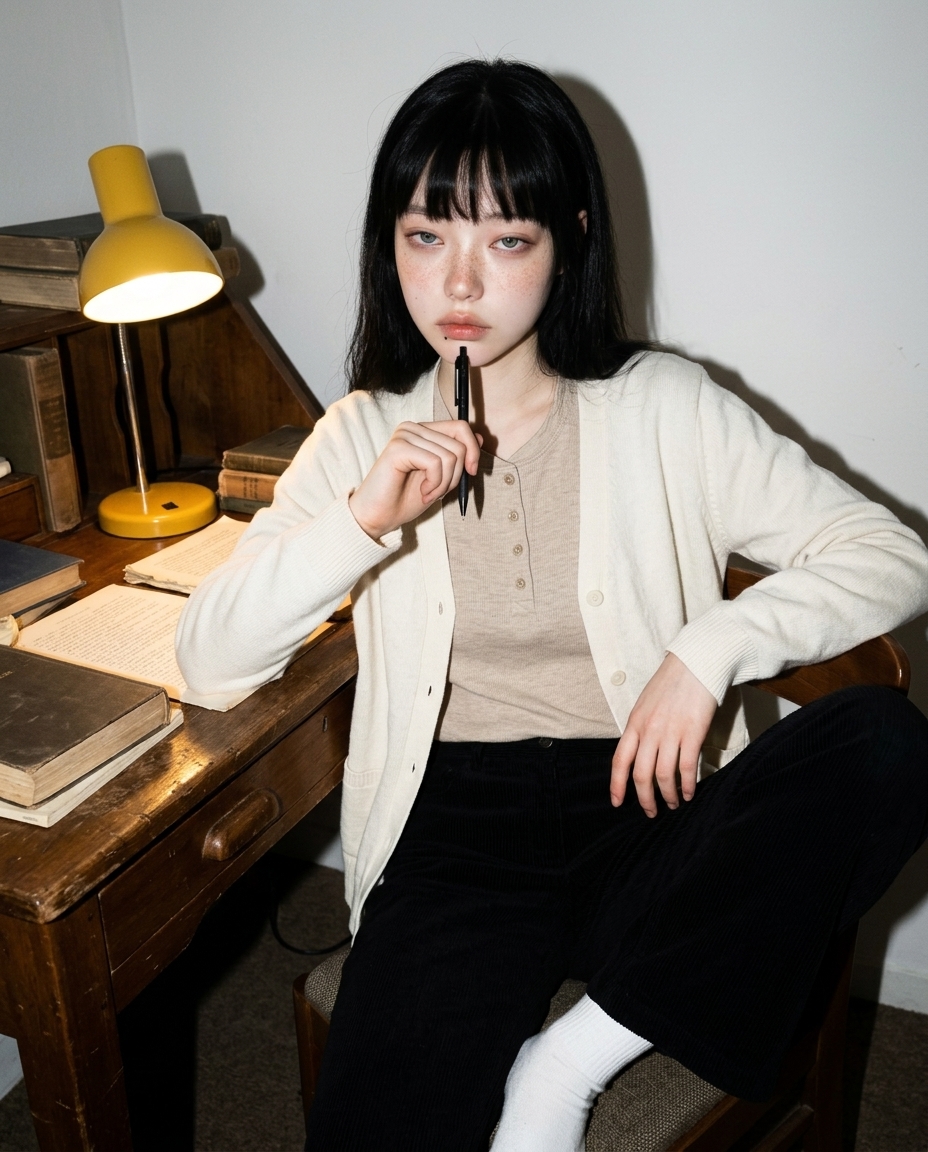 노란 데스크 램프 아래 책상에서 펜을 든 한 사람