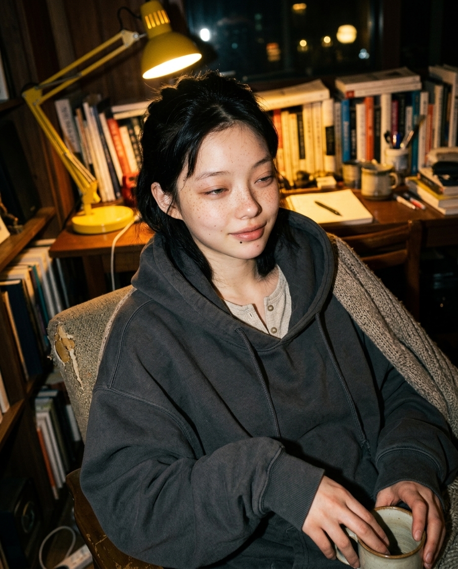 데스크 램프 한 칸만 켠 자정 작업방에서 셀피, 차콜 후디에 담요를 어깨에 걸친 모습