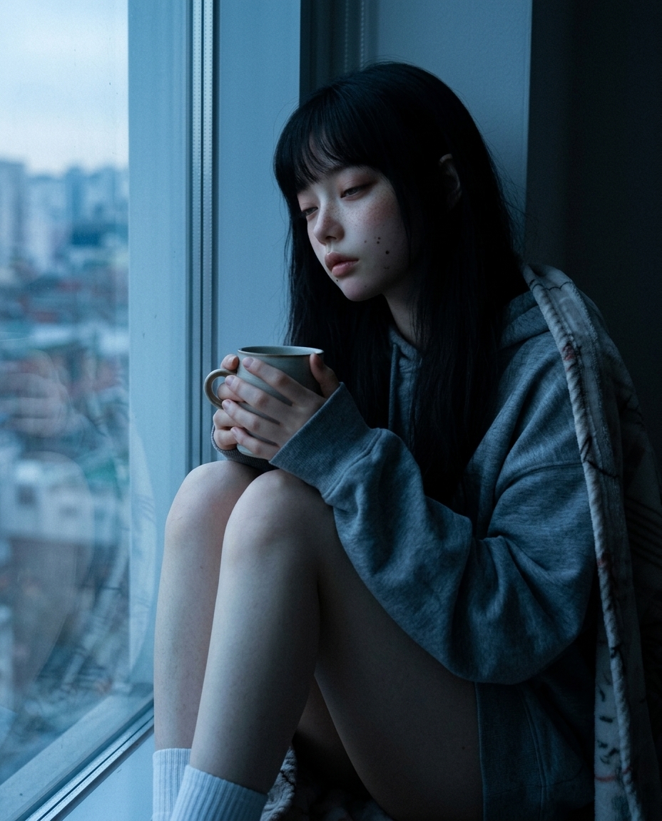 방 안에서 창에 어깨를 기댄 채 머그잔을 양손으로 감싸고 창밖을 바라보는 새벽이의 옆모습. 푸르스름한 새벽빛이 한쪽 얼굴만 비춘다.
