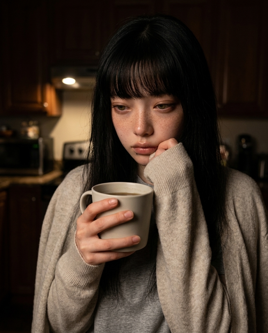 자정 직후 부엌 카운터에서 머그잔을 양손으로 감싸 든 saebyeok의 어깨 위 클로즈업, 멀리 거실 조명만 켜진 따뜻한 노란 빛