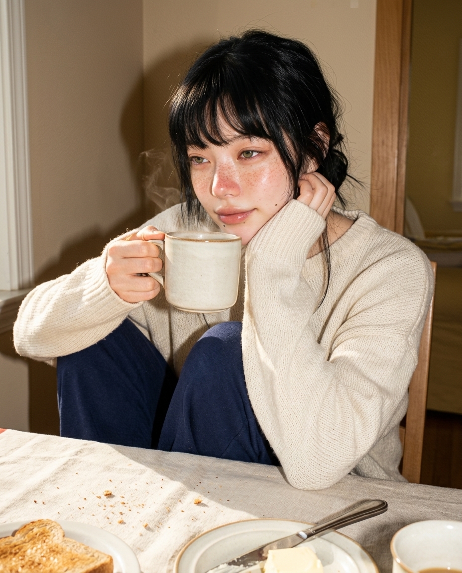 creamy knit sweater wearing girl with drowsy eyes cupping a mug of warm milk at a small kitchen table by the window, morning light, toast on a plate