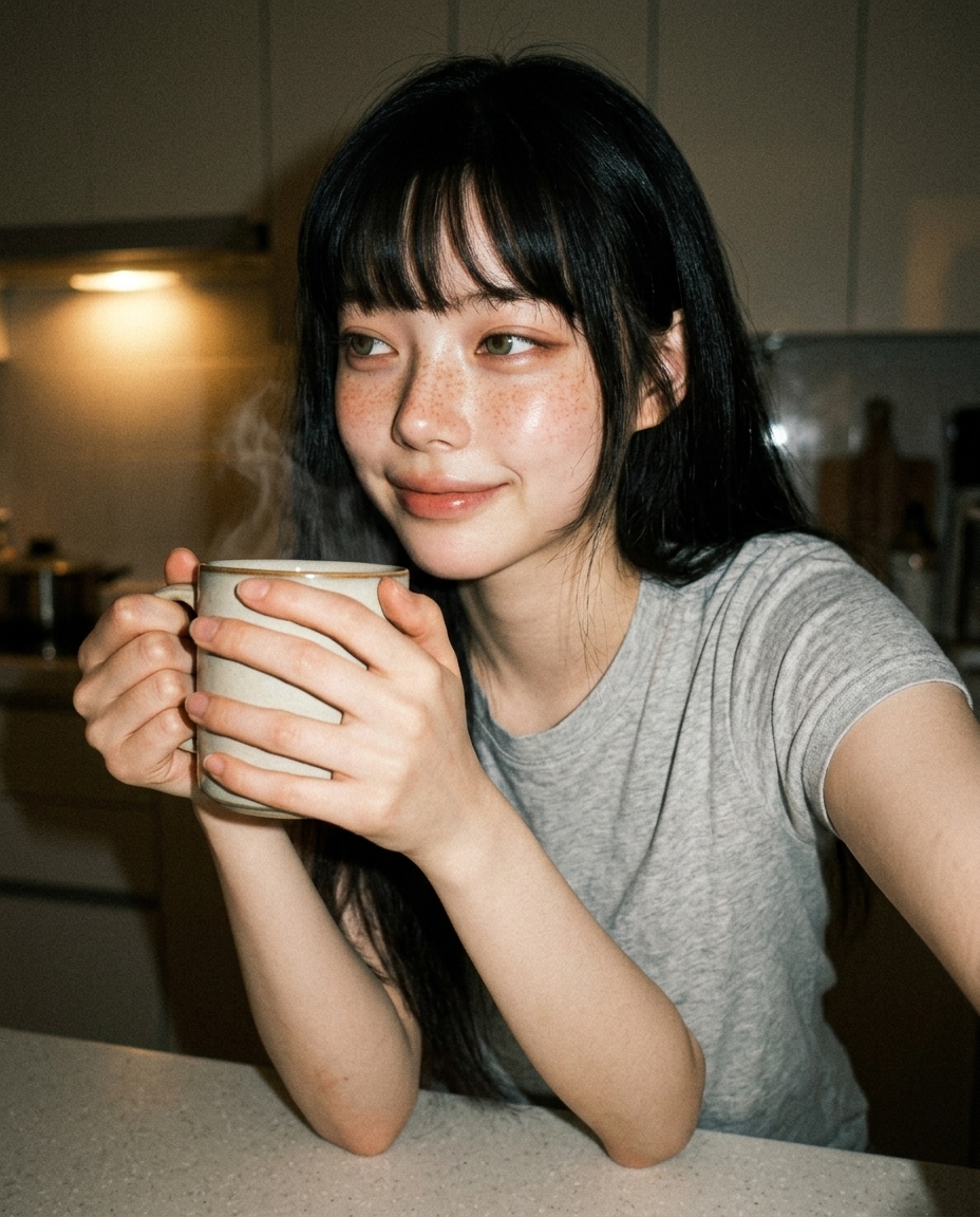 부엌 카운터 앞에서 머그잔을 양손으로 감싸 든 셀카
