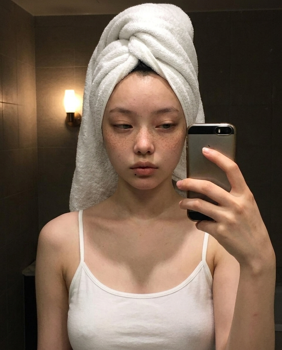새벽 4시 욕실 흰 수건으로 머리 wrap한 chest-up 셀카, 단일 벽등 따뜻한 빛, 졸린 눈