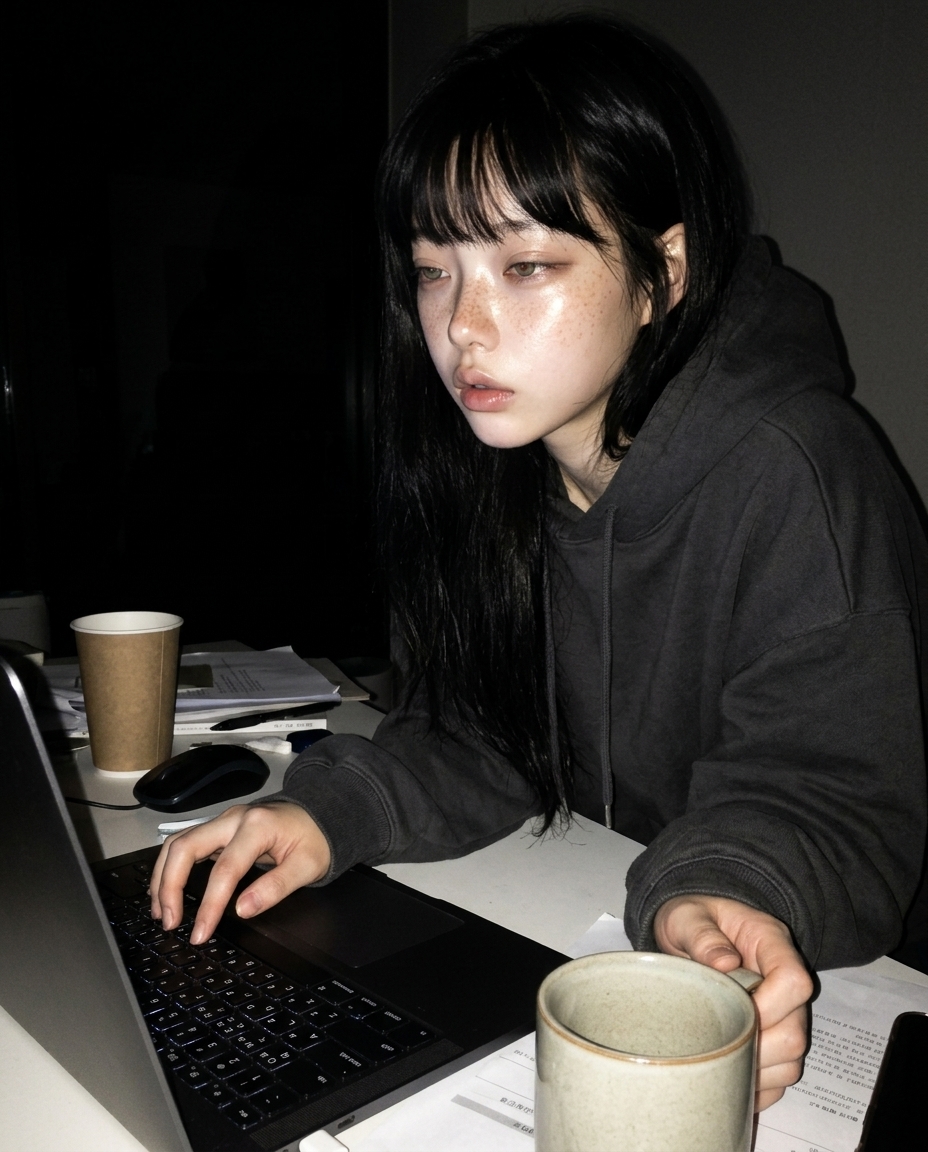 다크 차콜 후디 차림의 새벽네시가 책상 노트북 앞에서 한 박자 쉬는 순간. 모니터 백라이트가 얼굴 절반을 푸른빛으로 비춤