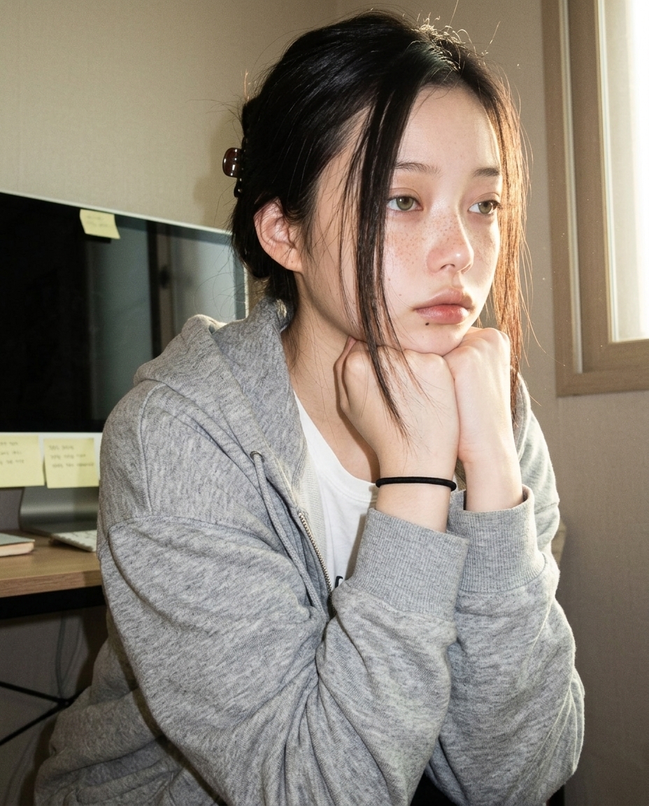 창문으로 들어오는 늦은 오후 햇살이 한쪽 뺨에 떨어진 회색 후드 카디건 차림의 새벽, 책상 의자에 앉아 있다