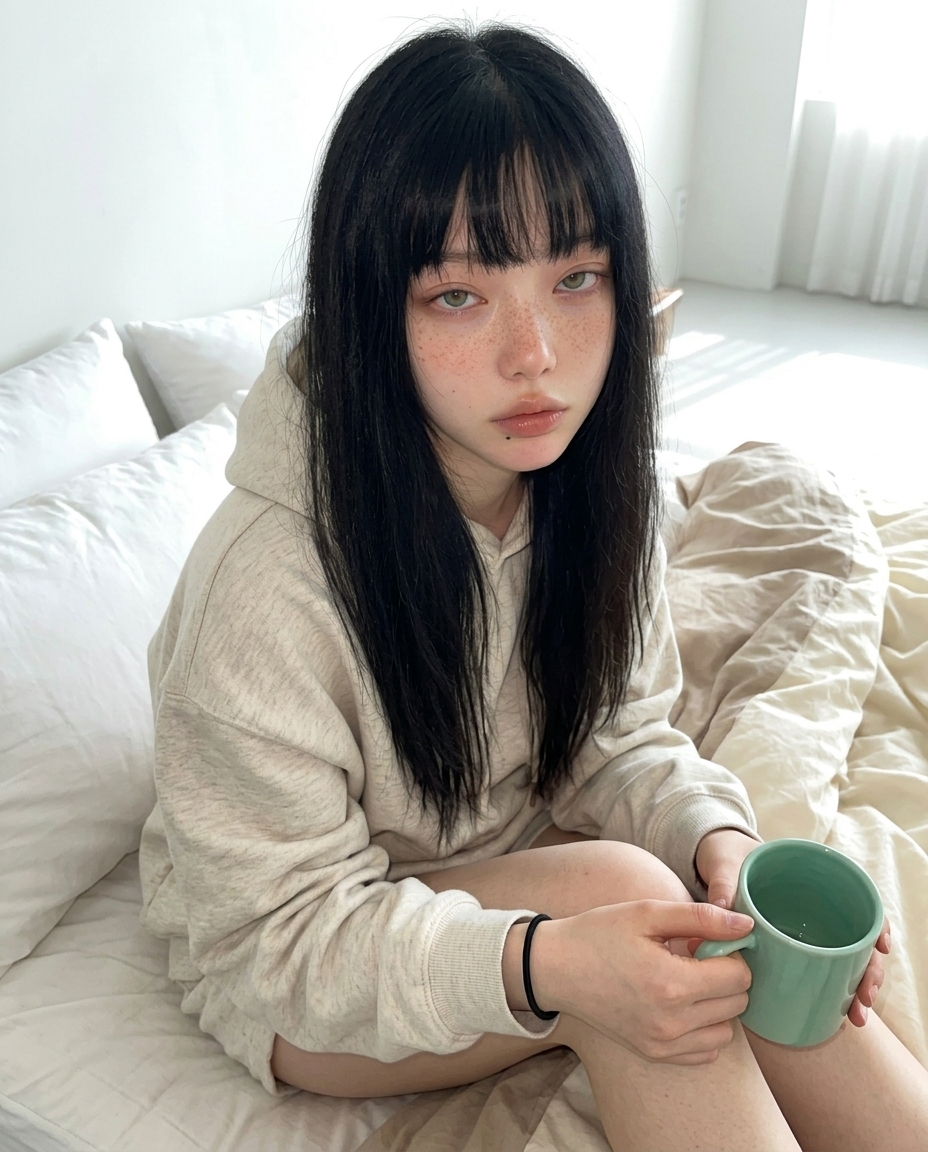 후드티 입고 침대 위 노트북 옆 셀카, 창가 햇빛