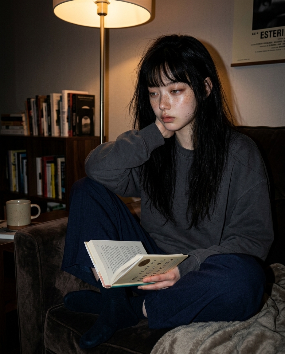 어두운 거실 소파에 비스듬히 앉은 새벽이, 무릎 위 책 한 권, 플로어 램프의 따뜻한 단일 광원