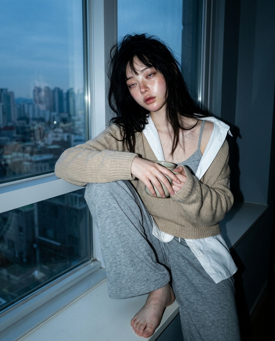 창가에 옆으로 기대 미명을 바라보는 새벽이의 측면샷
