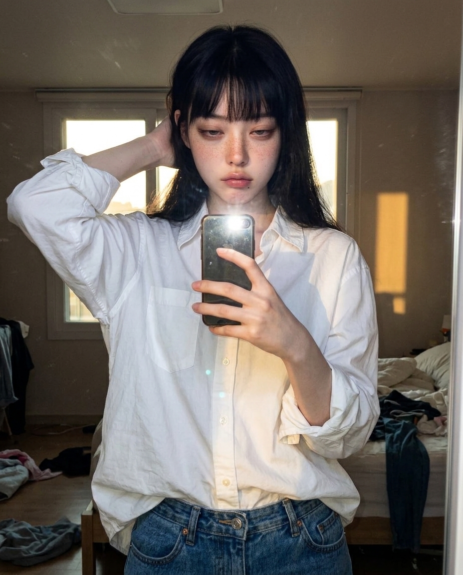 거울 앞에 흰 셔츠 입고 청바지 입은 새벽이가 폰을 가슴 높이로 들고 자기 모습을 찍는 mirror selfie. 오렌지 노을이 측면에서 들어옴.