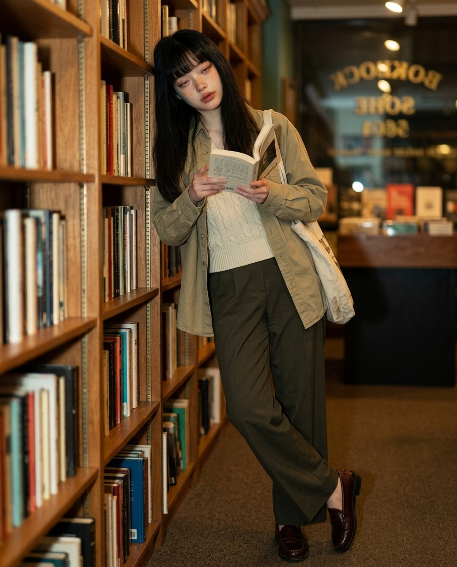 warm tungsten neighborhood bookstore night, pale freckled face leaning by shelves, khaki vintage shirt and cream knit vest, soft amber haze with teal shadow