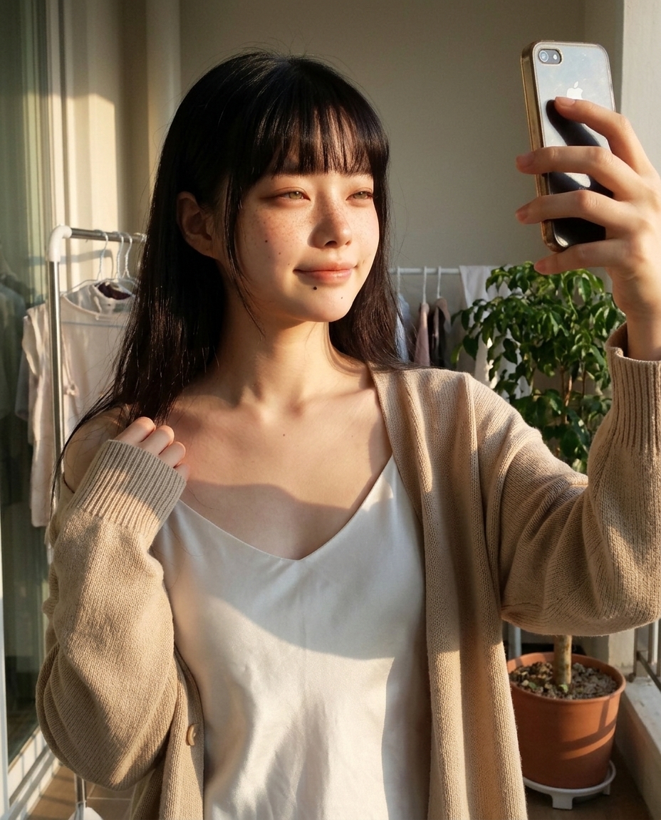 saebyeok on the balcony in late Sunday afternoon, short straight hair, white slip dress with thin beige cardigan slipping off one shoulder, narrowed eyes against the warm side sunlight, laundry rack softly out of focus behind, chest-up