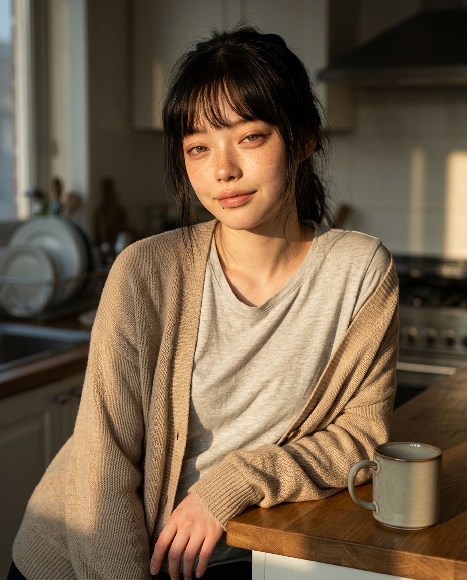부엌 카운터 옆에 서서 머그 옆에 손을 두고 황금빛 사선광을 받는 셀카