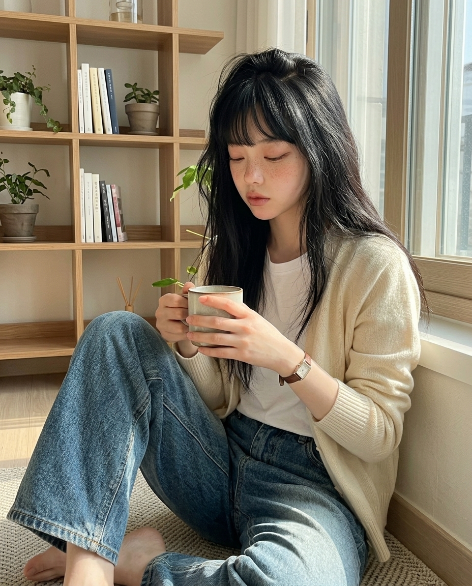 햇빛이 비스듬히 들어오는 거실 창가 1인 의자에 한쪽 다리만 접어 올린 채 앉은 새벽이의 흉상~무릎 프레임. 베이지 카디건 위에 흰 티, 무릎 위 펼친 책.