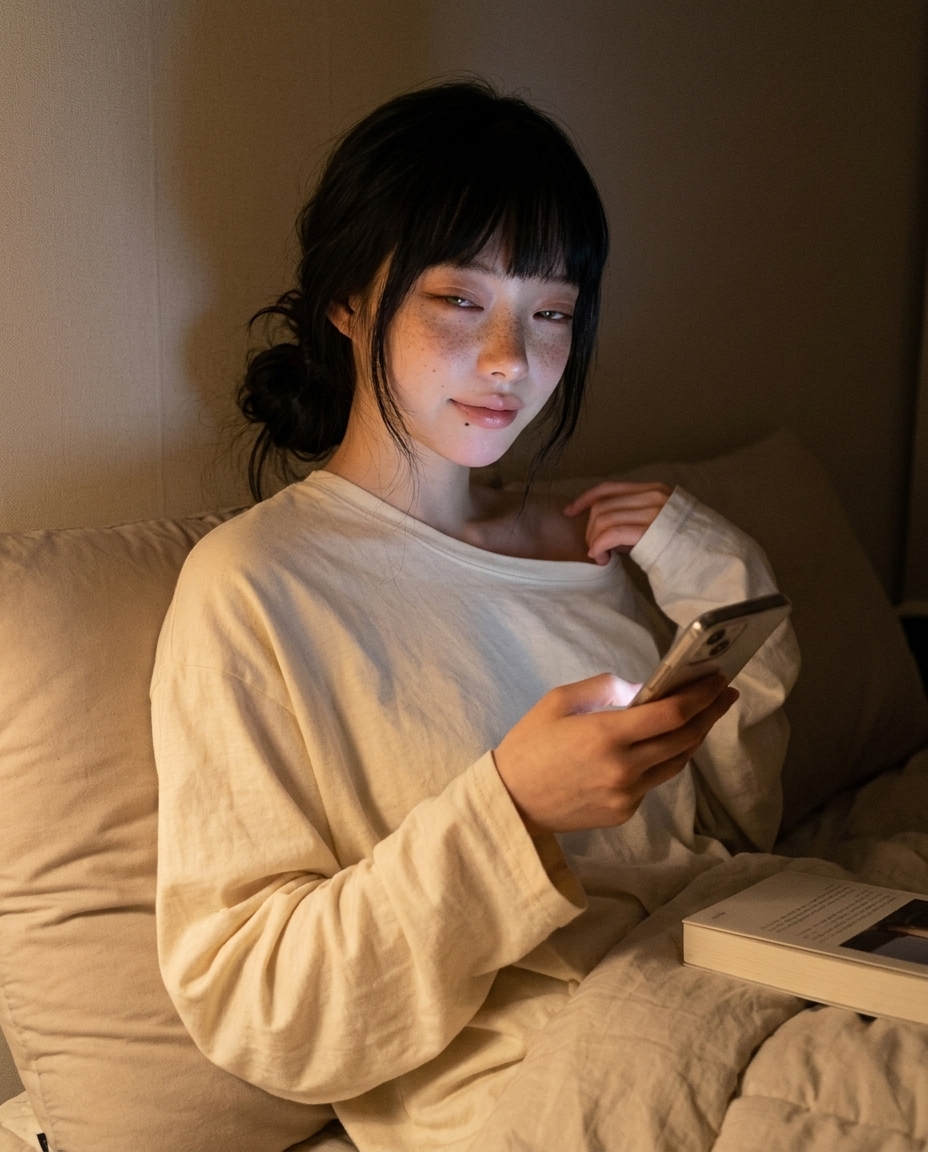 saebyeoknesi sitting against pillows on bed with paperback book in lap, warm bedside mood lamp single light source, oversized cream sleep tee, sleepy heavy-lidded expression, faint freckles, phone held mid-chest, chest-up half-body 9:16 portrait, deep warm shadow background