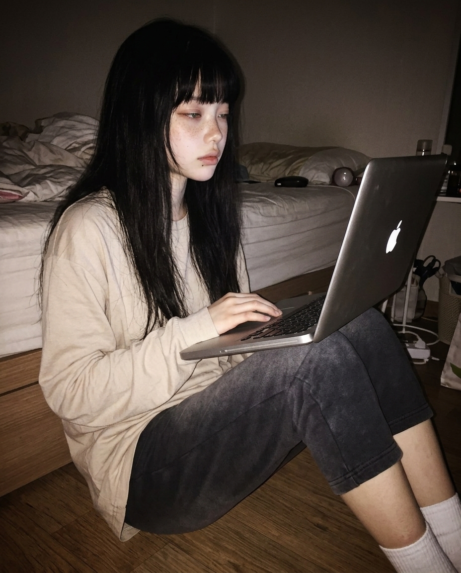 saebyeok 캐릭터가 어두운 방에서 책상 옆 바닥에 앉아 무릎 위 노트북을 보고 있다. 화면 빛이 얼굴을 밑에서 비춘다.