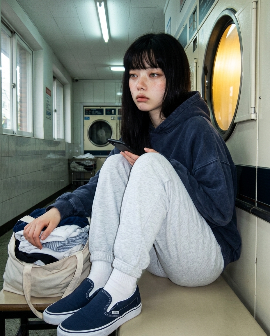 코인 빨래방 건조기 앞 의자에 앉아 폰을 잡고 정면을 보는 새벽