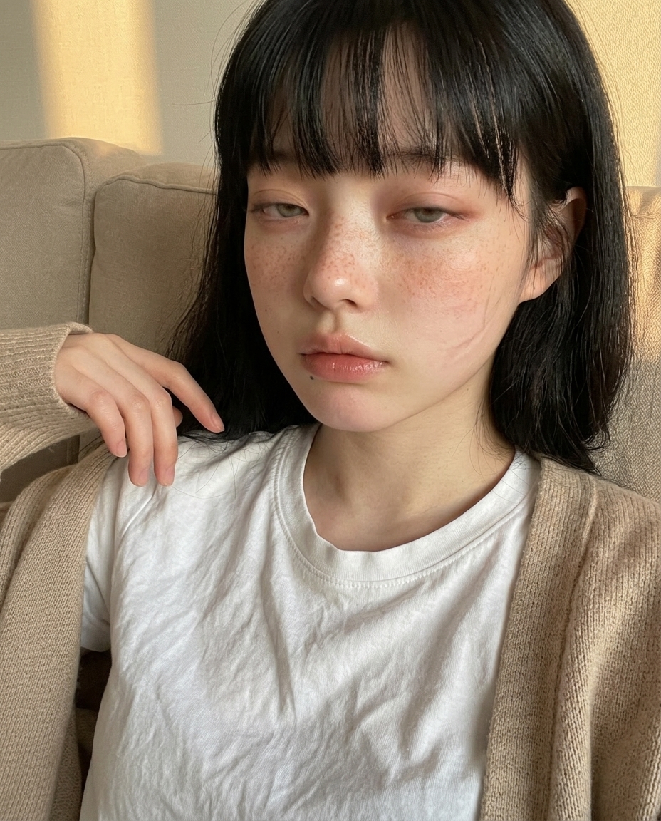 낮잠에서 막 깬 새벽이가 거실 소파 위에서 카메라를 보는 셀카. 머리가 흐트러져 있고 한쪽 뺨에 베개 자국이 보인다. 오후 황금빛이 오른쪽 창문에서 들어온다.