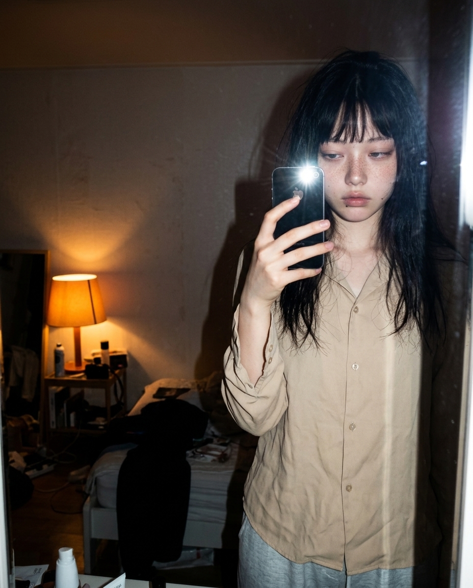 manhera-pro mirror selfie, beige shirt and light grey pants, phone held to face with camera flash, messy bedroom in background