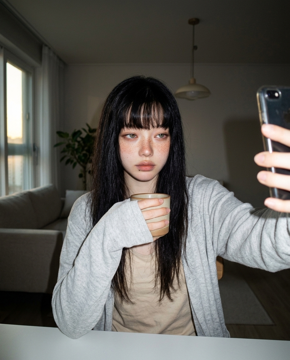 Saebyeok at the living room dining table at 6pm, sunset side-light, beige loungewear with a loose cardigan, one elbow on the table, holding a beige mug, an open book under the mug, drowsy half-smile