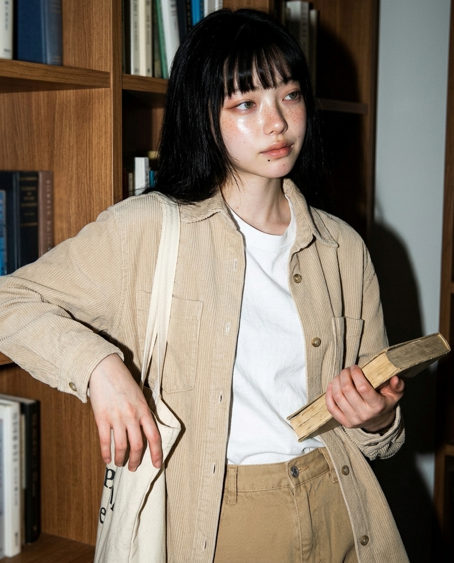 헌책방 책장 사이에 선 창백한 피부의 여성. 베이지 코듀로이 셔츠재킷, 손에 낡은 문고본, 무심하게 살짝 올린 입꼬리, 흐린 실내광